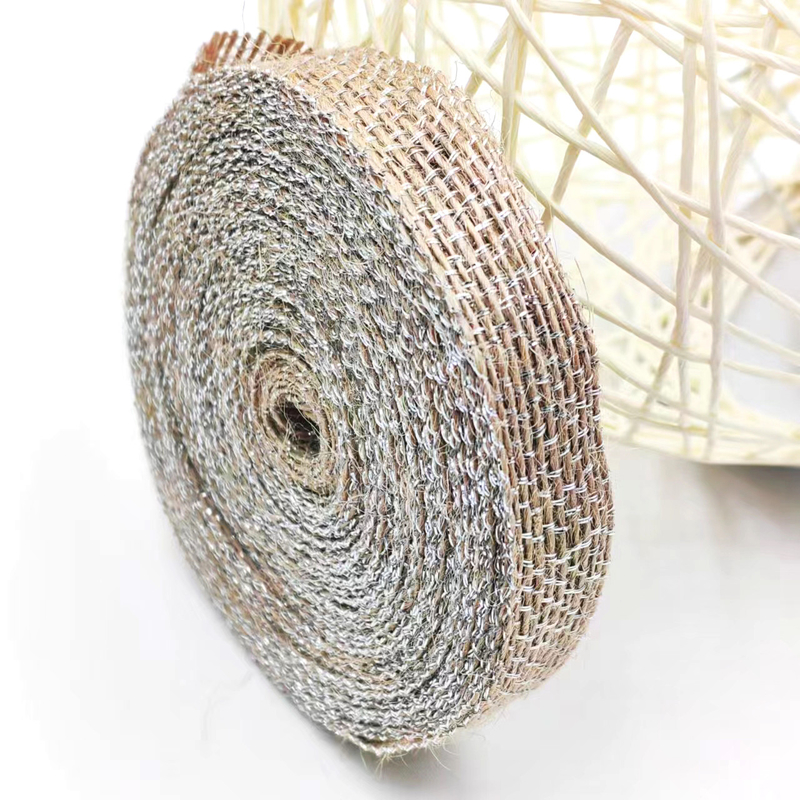DIY decoratie jute stoffen lint met zilveren vislijn 85% jute 15% polyester
