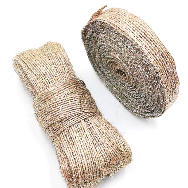 DIY decoratie jute stoffen lint met zilveren vislijn 85% jute 15% polyester