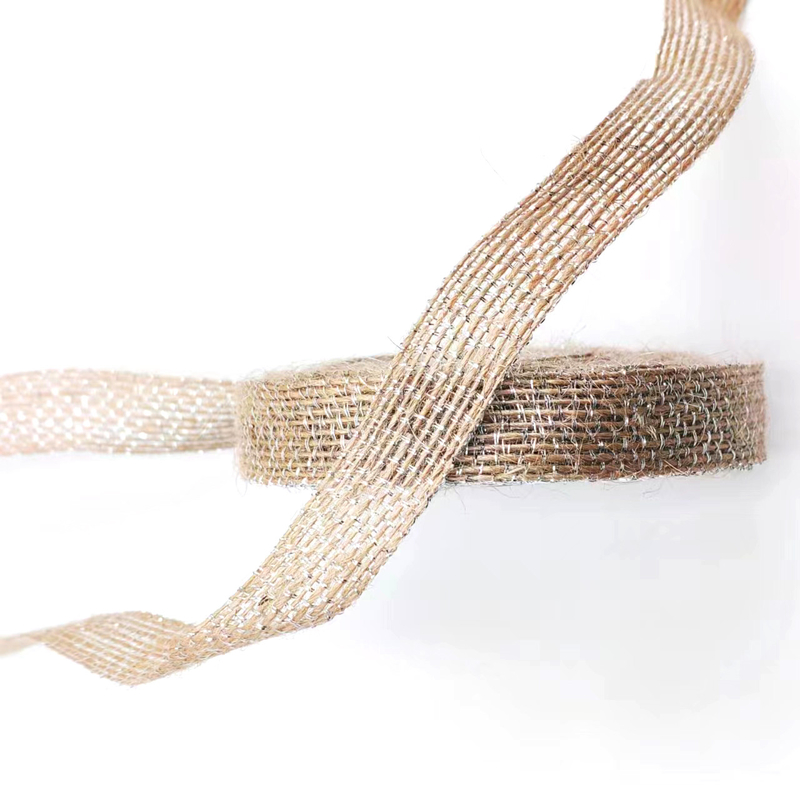 DIY decoratie jute stoffen lint met zilveren vislijn 85% jute 15% polyester
